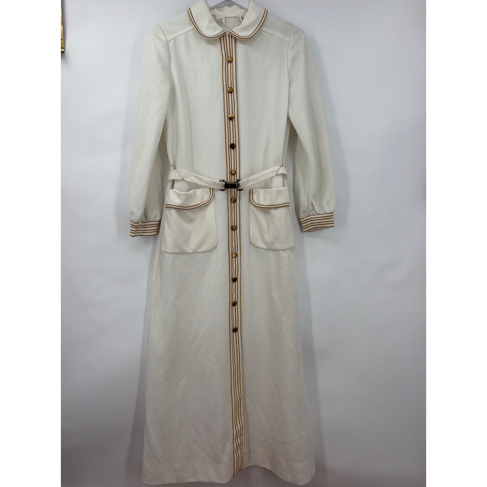 Vtg Leslie Fay Original White Gold Metallic Trim Maxi Dress Belt Pockets Modest